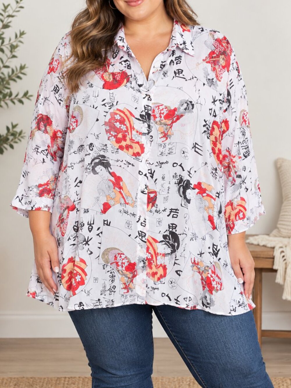 NWT Tianello sz 0X Japanese Cupro print Geisha Mandarin Blouse